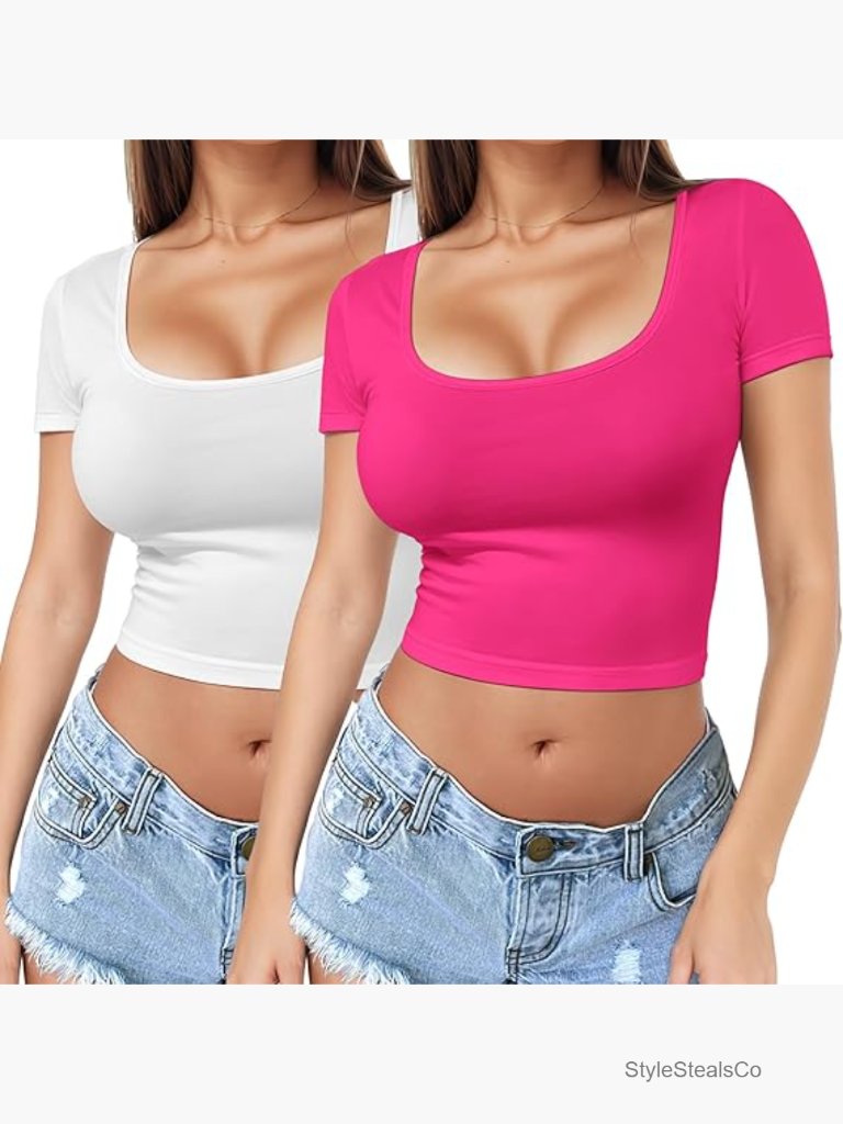 Short Sleeve Square Neck Crop Top, Slim Fit Workout Shirt, Lightweight